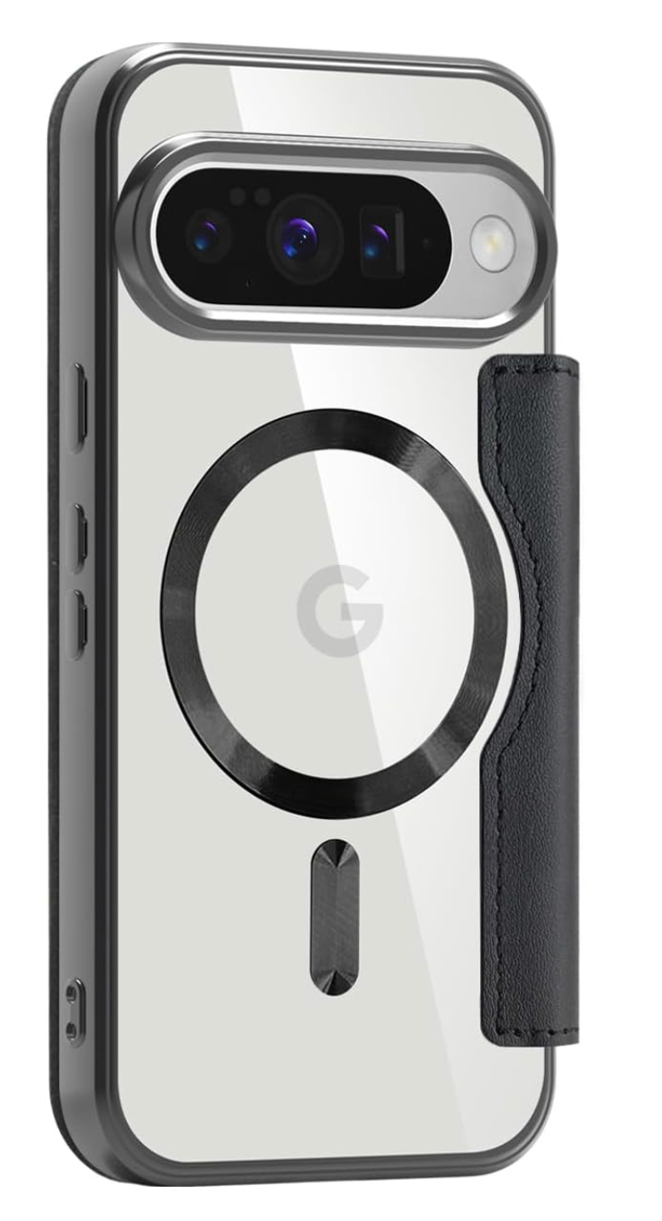 Google Pixel 10 / 10 Pro & 10 Pro Xl 2025, Handyhülle kompatibel mit MagSafe), Magnetischer kabelloser Ladekartenhalter PU-Lederkoffer mit RFID-Blockierung Transparent plattiert