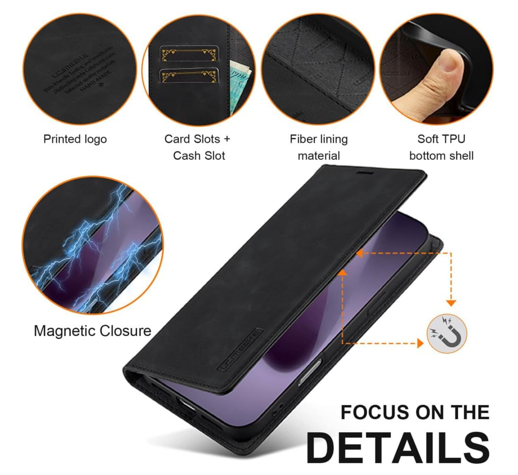 iPhone 16 / 16 Plus / 16 Pro & 16 Pro Max Étui portefeuille à rabat en cuir avec pochettes pour cartes