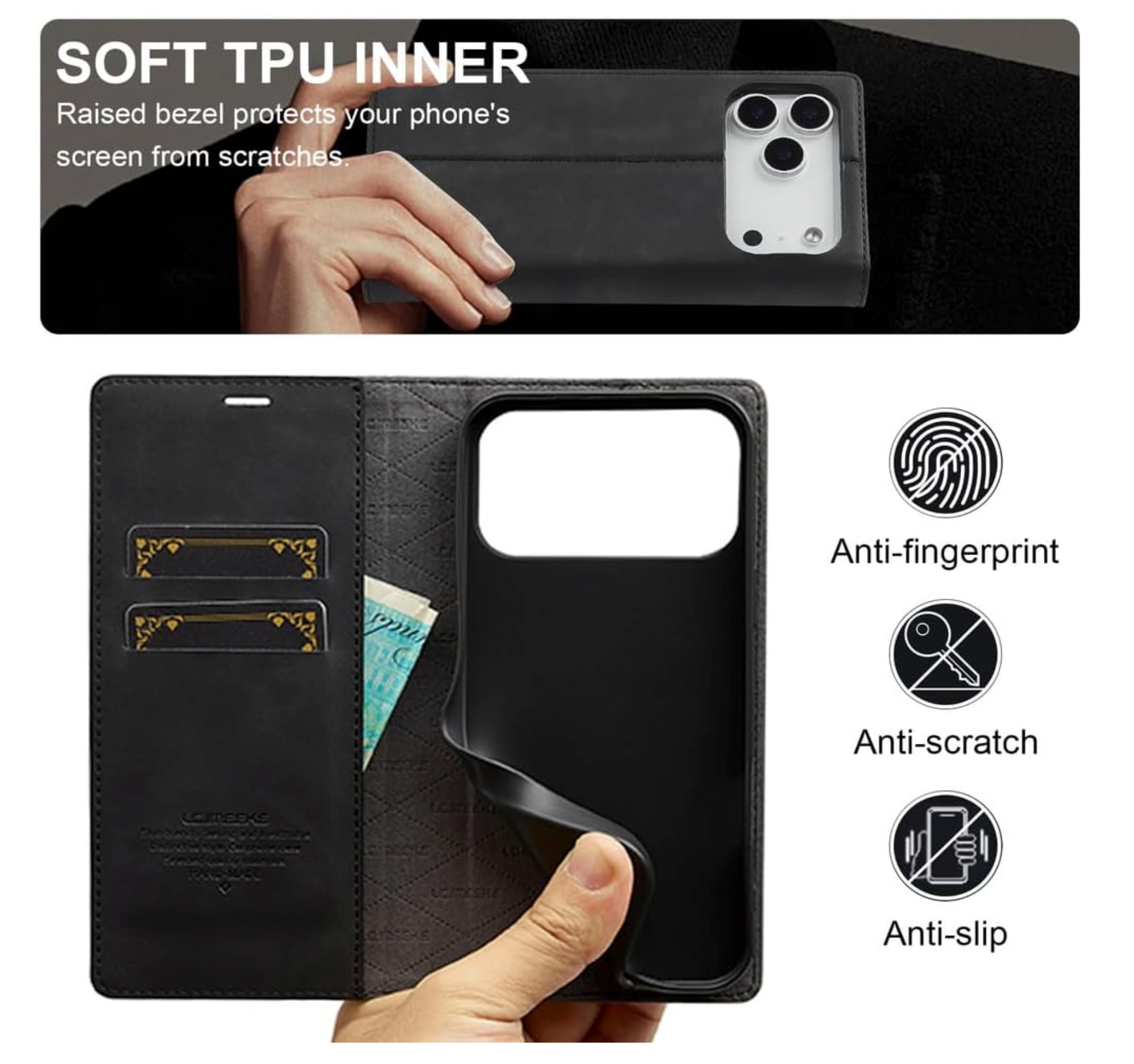 iPhone 16 / 16 Plus / 16 Pro & 16 Pro Max Étui portefeuille à rabat en cuir avec pochettes pour cartes