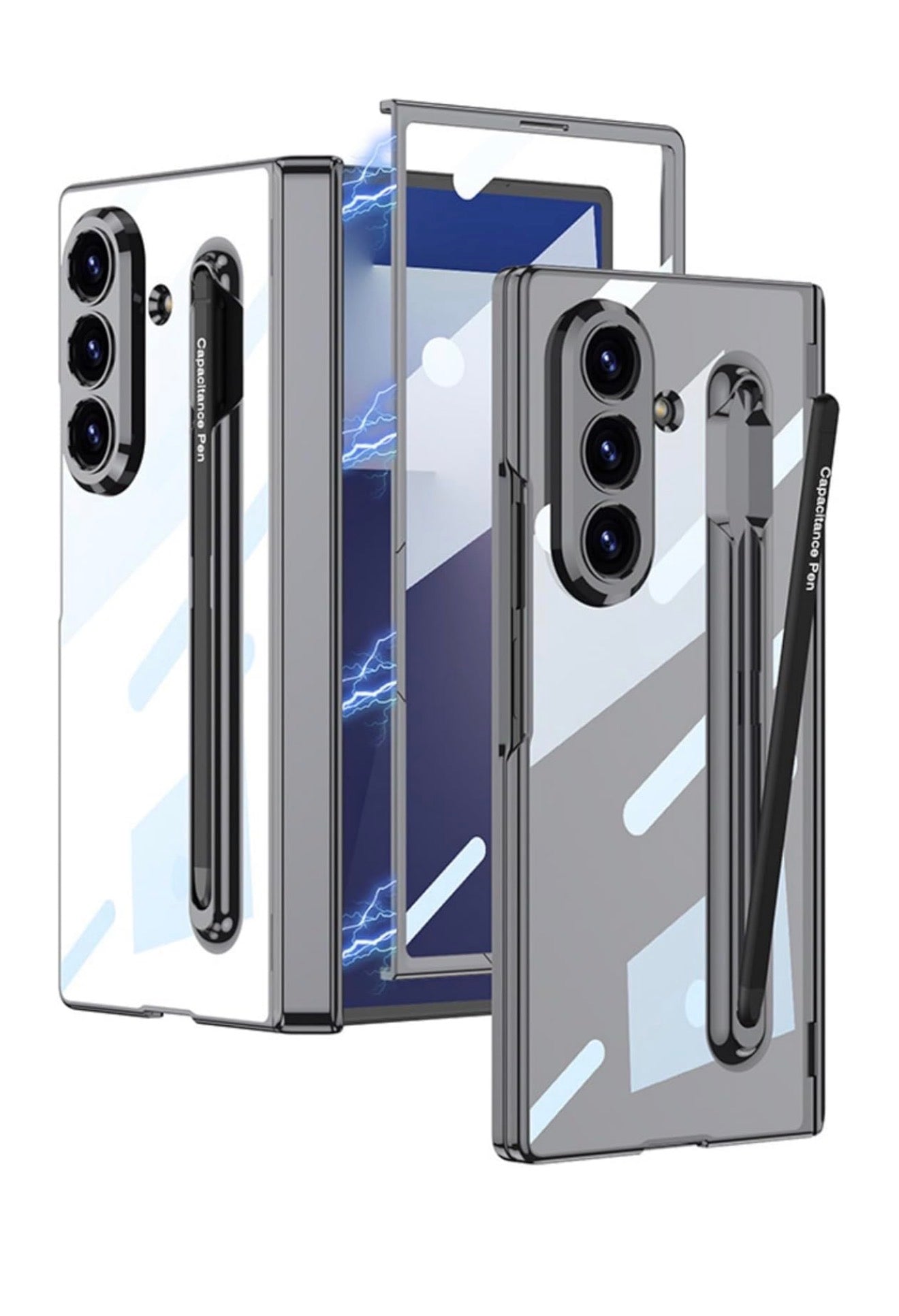 Samsung Galaxy Z Fold 5 mit kapazitivem Stift und Stifthalter, magnetischem Reissverschluss und Displayschutzfolie, stoßfester, transparenter Schutzhülle (Schwarz + schwarzer Stift) Schutzhülle