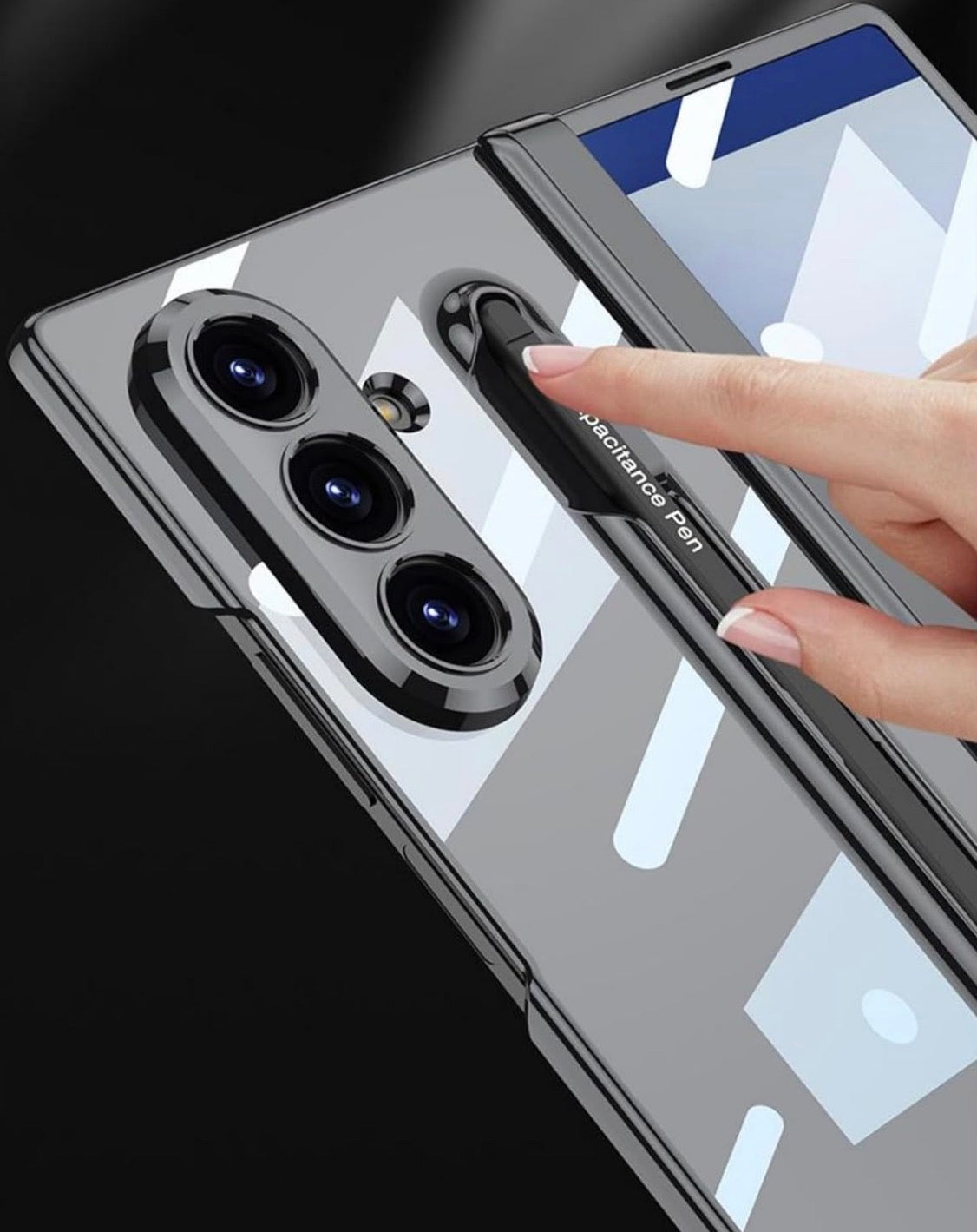 Samsung Galaxy Z Fold 5 mit kapazitivem Stift und Stifthalter, magnetischem Reissverschluss und Displayschutzfolie, stoßfester, transparenter Schutzhülle (Schwarz + schwarzer Stift) Schutzhülle