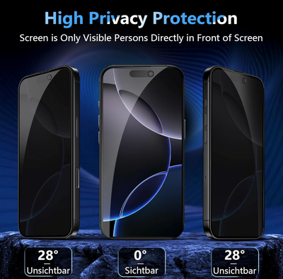 iPhone 16 / 16 Plus / iPhone 16 Pro & 16 Pro Max / 16E Anti Spy 9H Härte Bruchsicher Panzerglas / Privacy