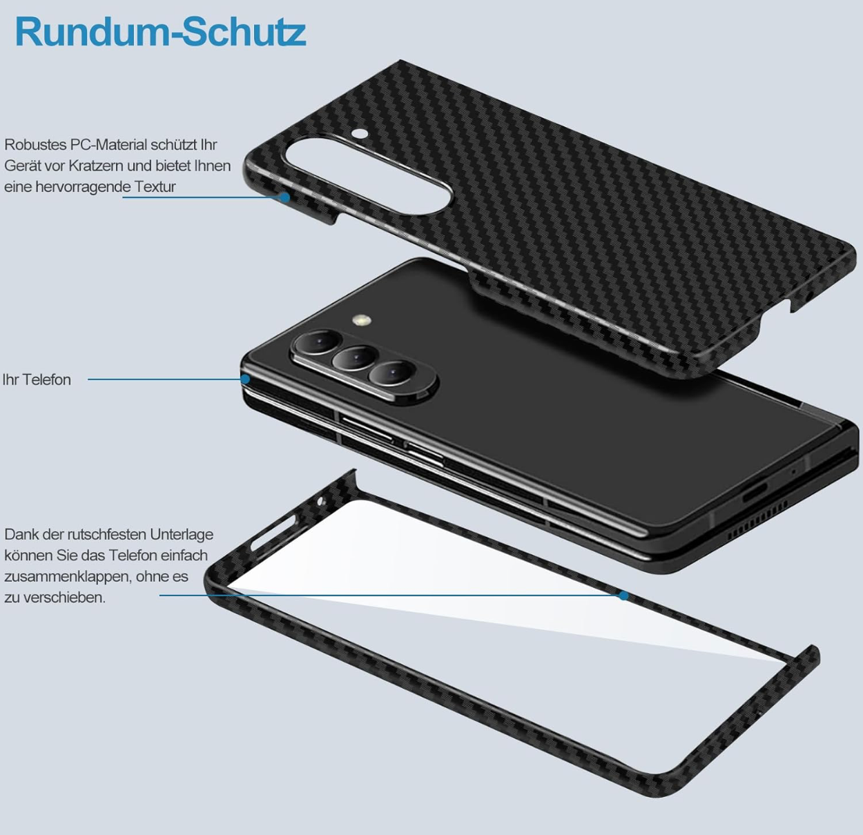 Samsung Galaxy Z fold 5 5G Kohlefaser aus Kunststoff / Carbon - Ultradünne magnetische Hülle für Samsung Z Fold 5 Aramidfaser-Telefonhülle, Schutzhülle, stossfest, schlank, leicht schwarz