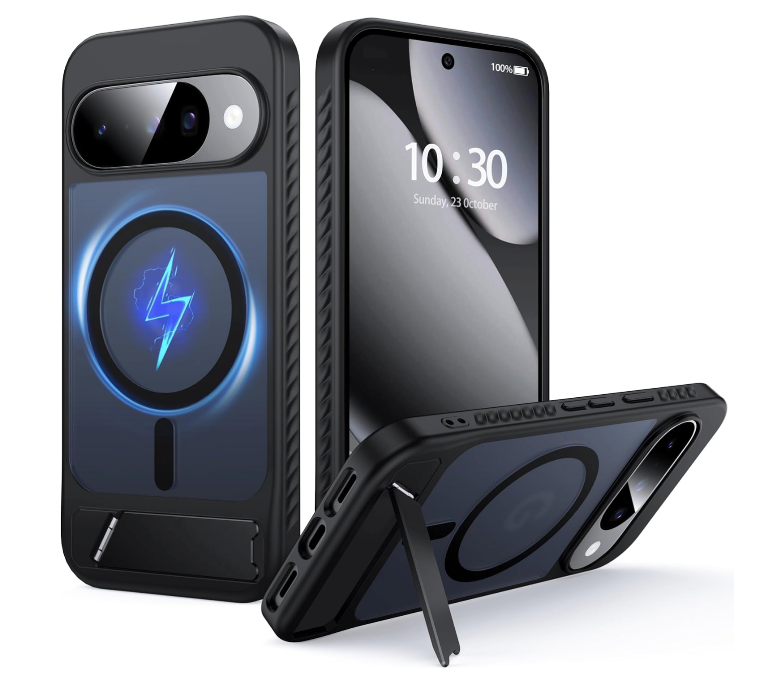 Google Pixel 10 / 10 Pro & 10 Pro Xl  2025, Case mit MagSafe [Unsichtbarer Ständer] [Aufladen im Stehen] [Militär stoßfest] Durchscheinende matte Silikon-Stoßfänger - Schwarz