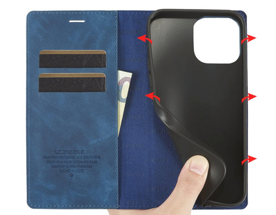 iPhone 16 / 16 Plus / 16 Pro &amp; 16 Pro Max Étui portefeuille à rabat en cuir avec pochettes pour cartes