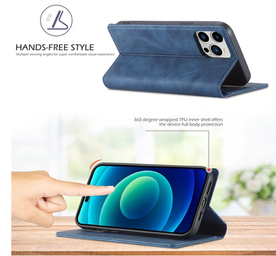 iPhone 16 / 16 Plus / 16 Pro &amp; 16 Pro Max Étui portefeuille à rabat en cuir avec pochettes pour cartes