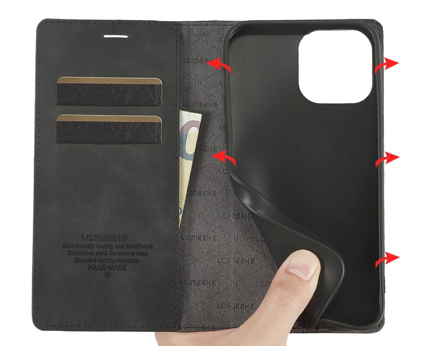 iPhone 16 / 16 Plus / 16 Pro &amp; 16 Pro Max Étui portefeuille à rabat en cuir avec pochettes pour cartes