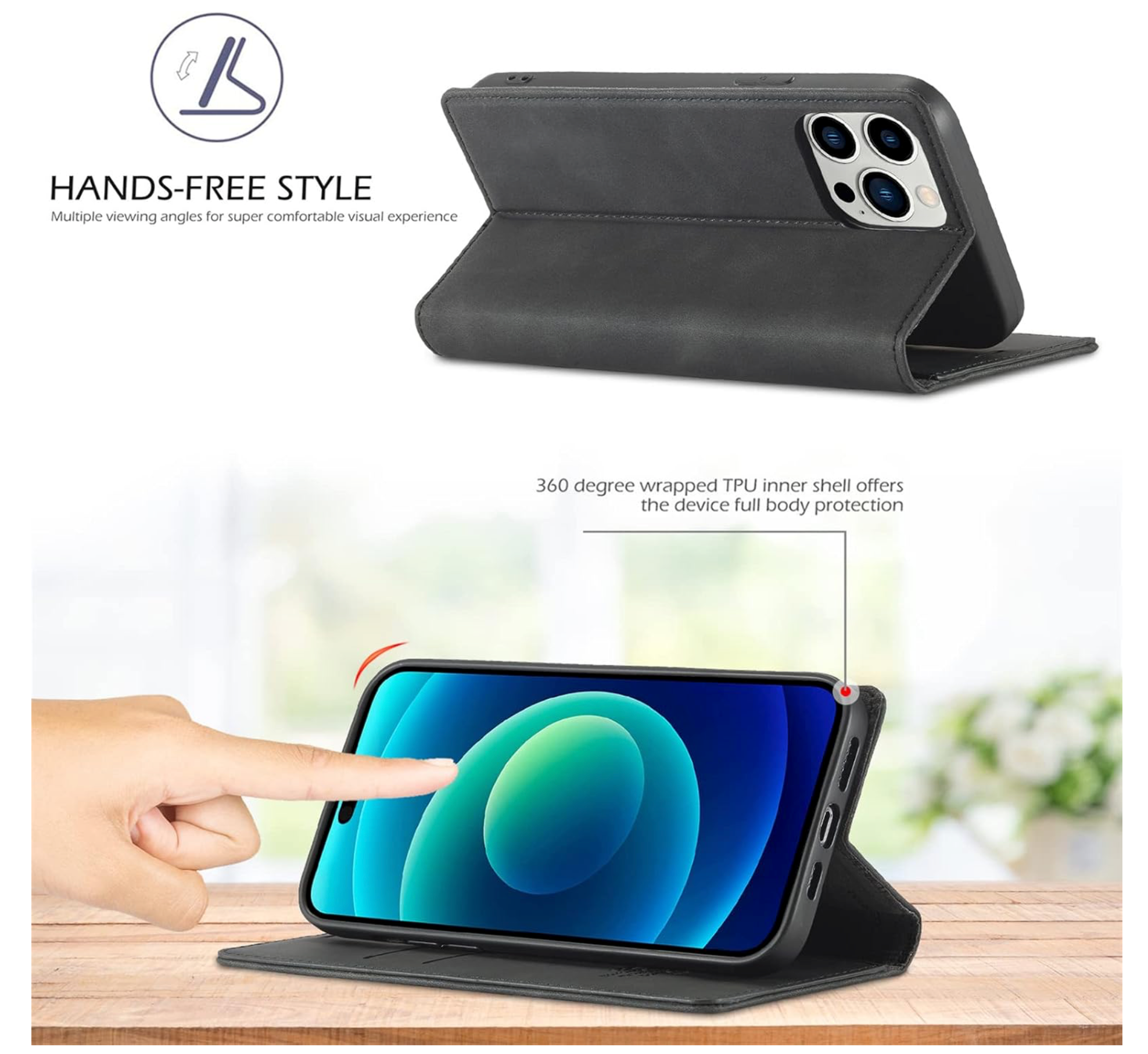 iPhone 16 / 16 Plus / 16 Pro &amp; 16 Pro Max Étui portefeuille à rabat en cuir avec pochettes pour cartes