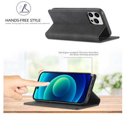 iPhone 16 / 16 Plus / 16 Pro &amp; 16 Pro Max Étui portefeuille à rabat en cuir avec pochettes pour cartes