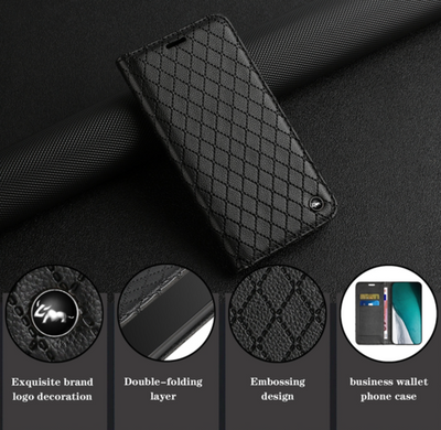 iPhone 14 Series Housse de protection en cuir véritable avec support magnétique et fonction de verrouillage RFID