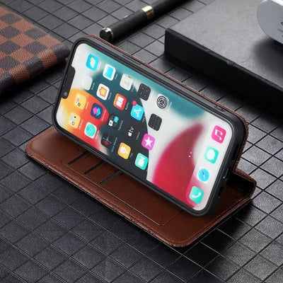 iPhone 14 Series Housse de protection en cuir véritable avec support magnétique et fonction de verrouillage RFID