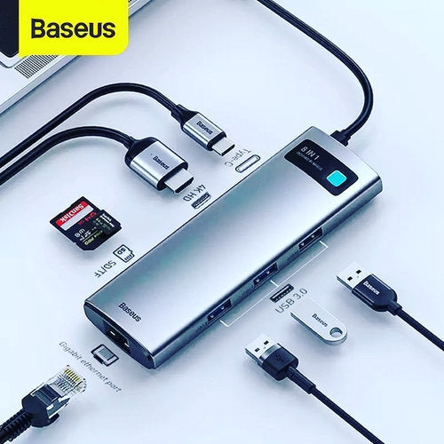 Baseus USB C Hub 8-in-1 USB C Adapter mit 4K HDMI, Ethernet, SD/TF Kartenleser, 3 USB 3.0 5Gbps.