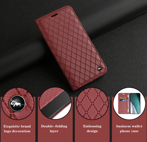 iPhone 14 Series Housse de protection en cuir véritable avec support magnétique et fonction de verrouillage RFID