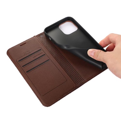 iPhone 14 Series Housse de protection en cuir véritable avec support magnétique et fonction de verrouillage RFID
