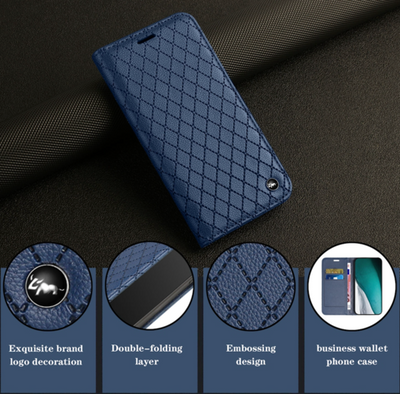 iPhone 14 Series Housse de protection en cuir véritable avec support magnétique et fonction de verrouillage RFID